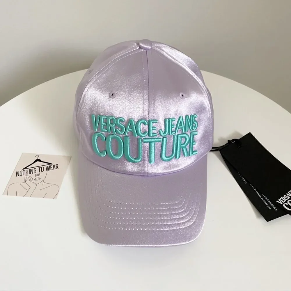 ⭕️ VERSACE JEANS Cap Hat Satin Designer Purple Turquoise Logo